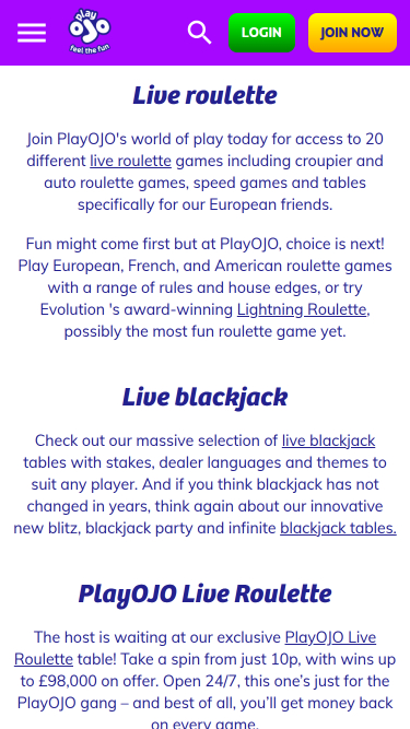 PlayOJO Casino Mobile Live Dealer