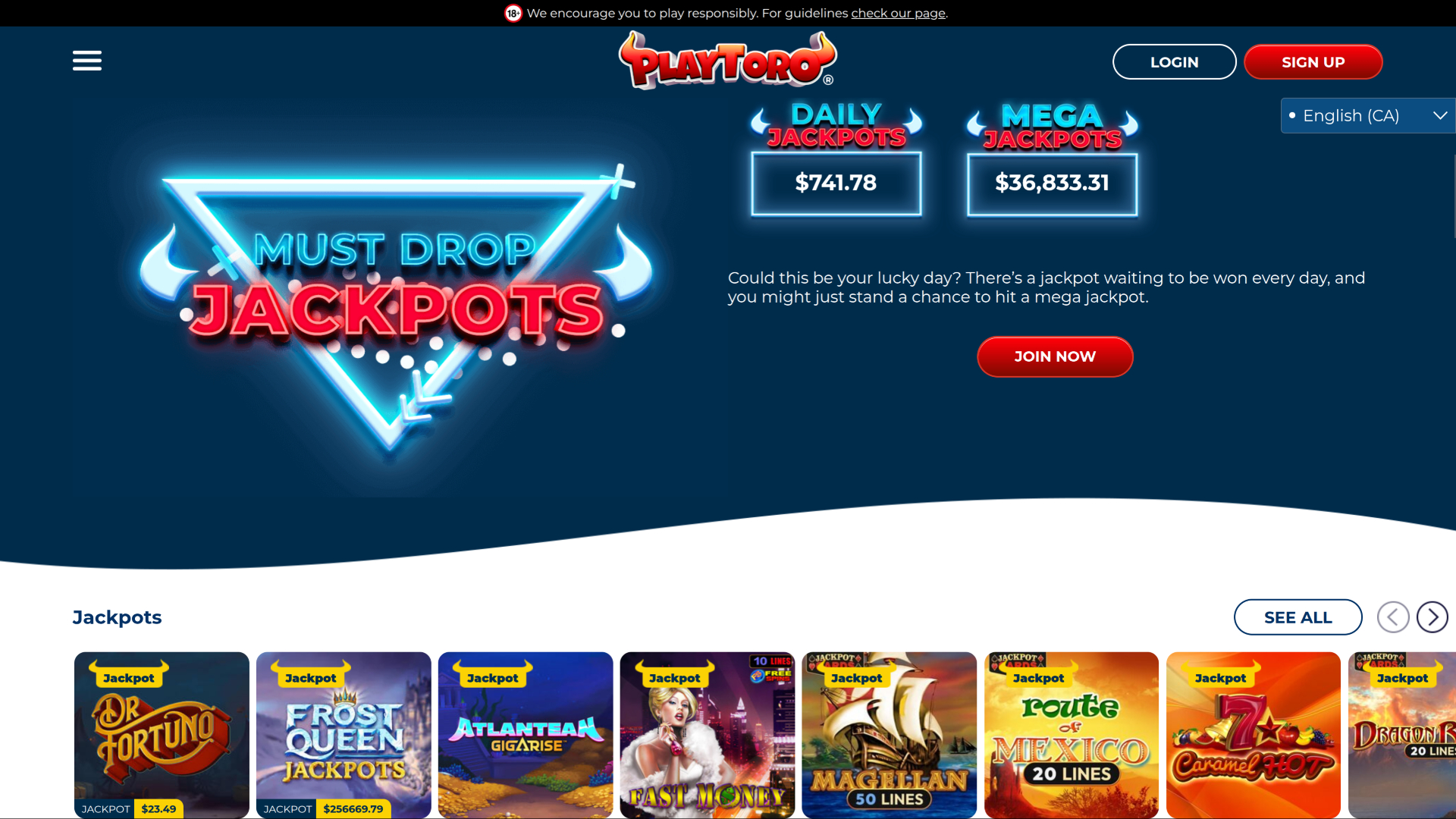 PlayToro Casino Desktop Jackpot