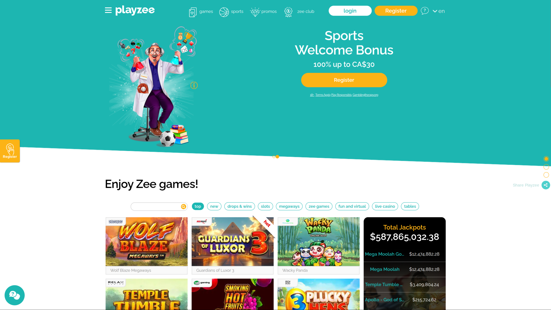 PlayZee Casino Desktop Homepage
