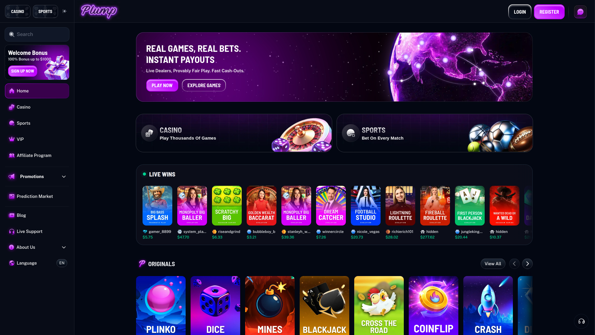 Plump Casino Homepage