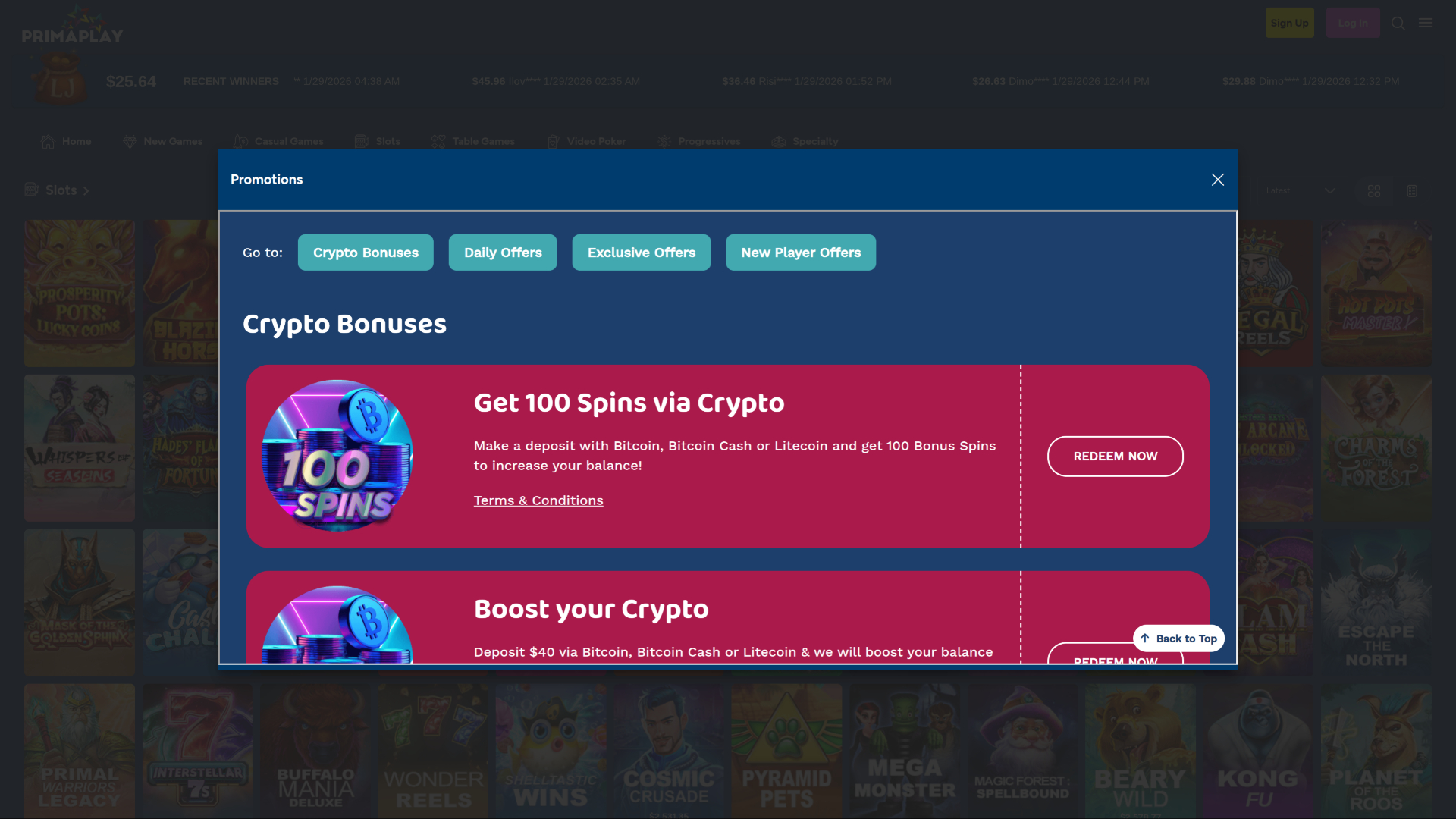 PrimaPlay Casino Desktop Promotions