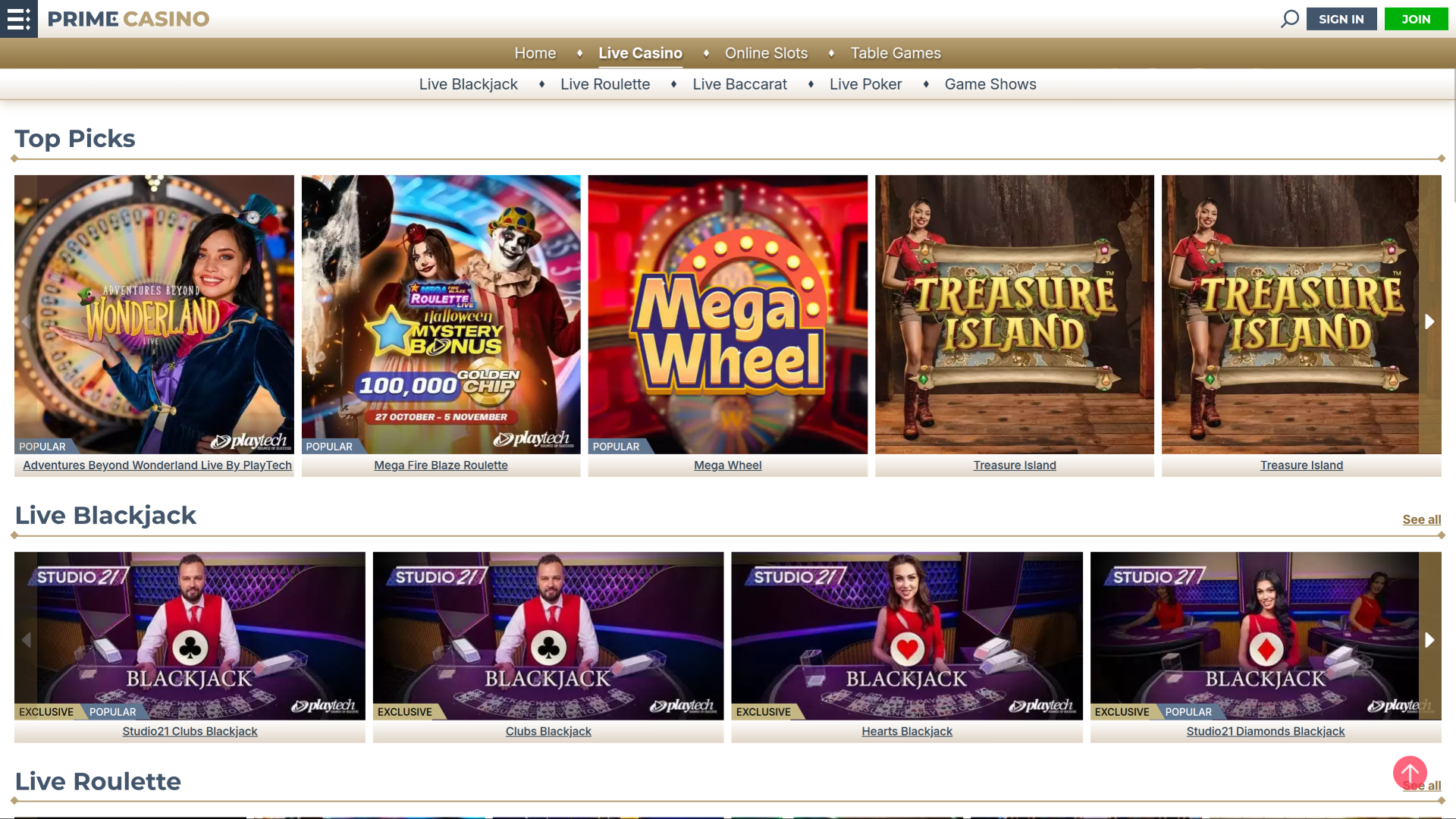 Prime Casino Desktop Live-Dealer