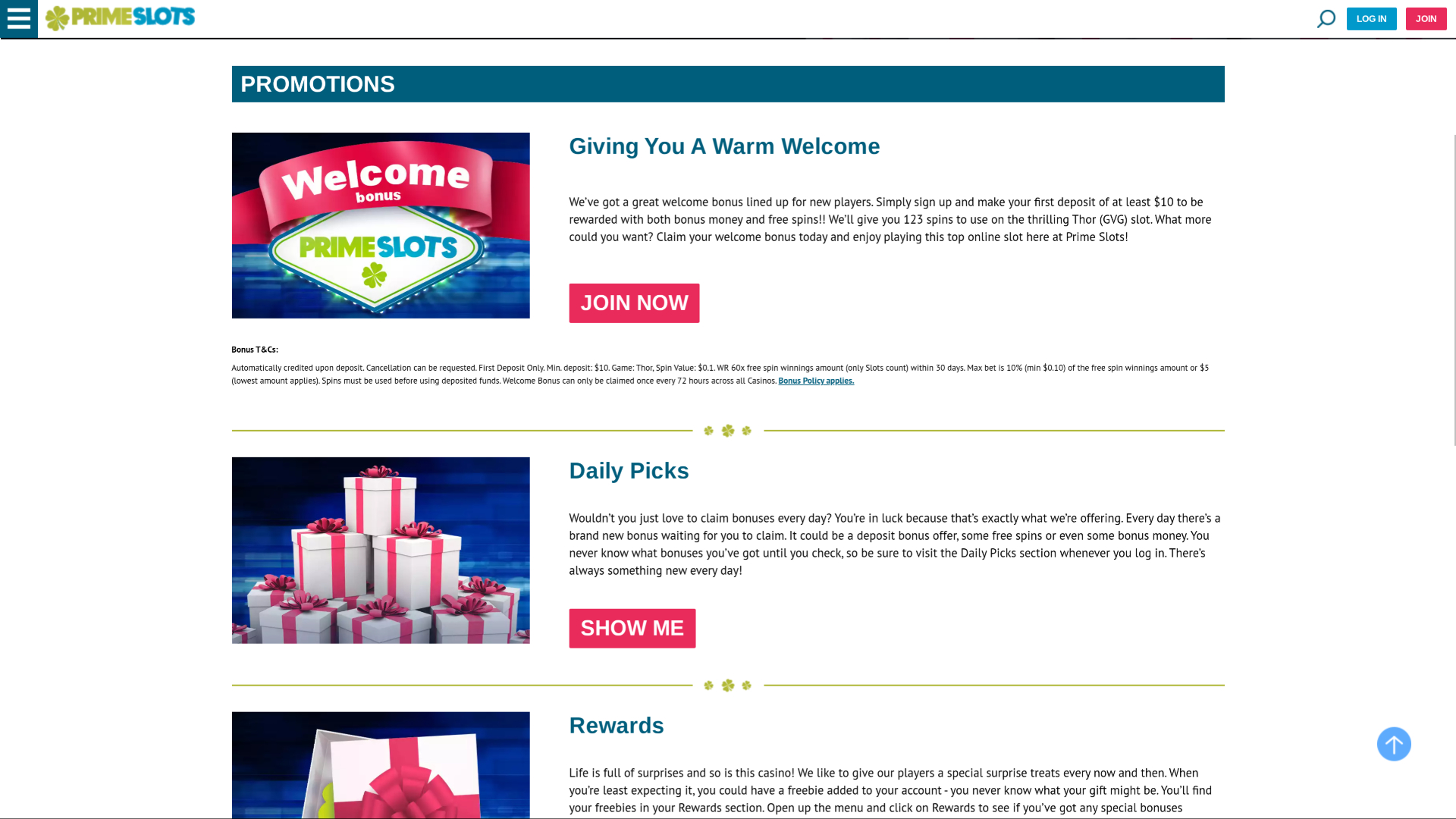 Prime Slots Desktop-Aktionen