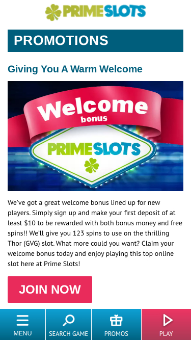 Prime Slots Mobile-Aktionen
