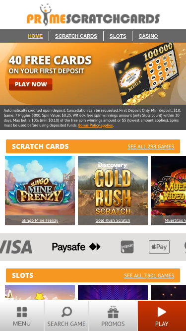 PrimeScratchCards Mobile Homepage