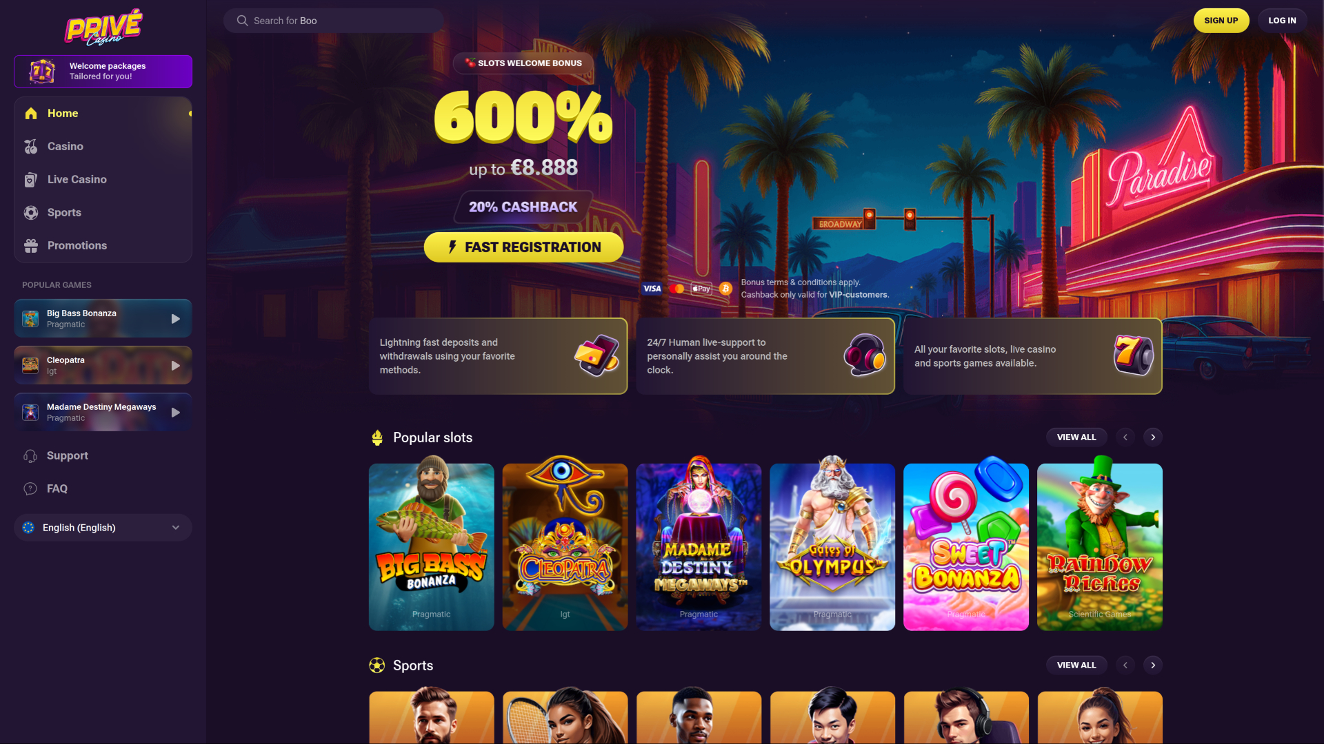 Prive Casino Desktop Homepage