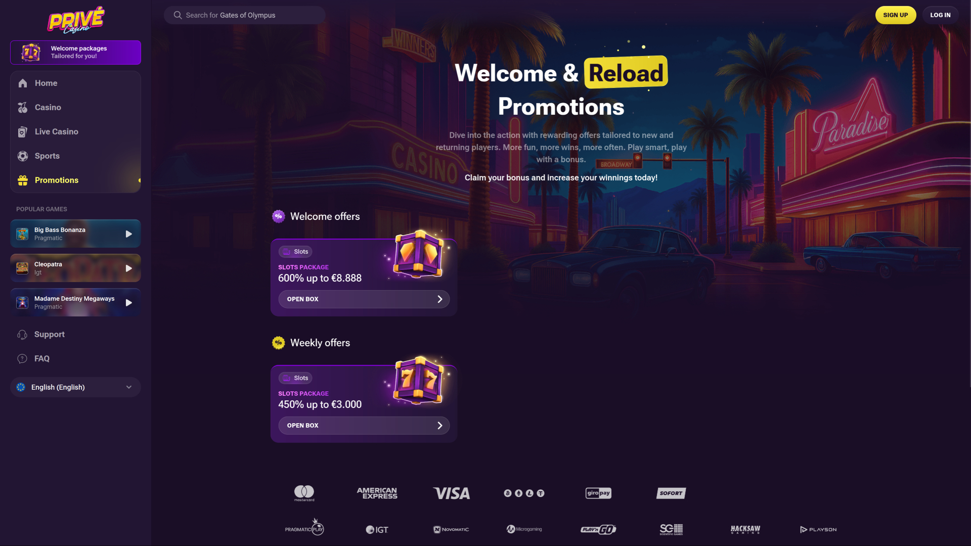 Prive Casino Desktop Promotions
