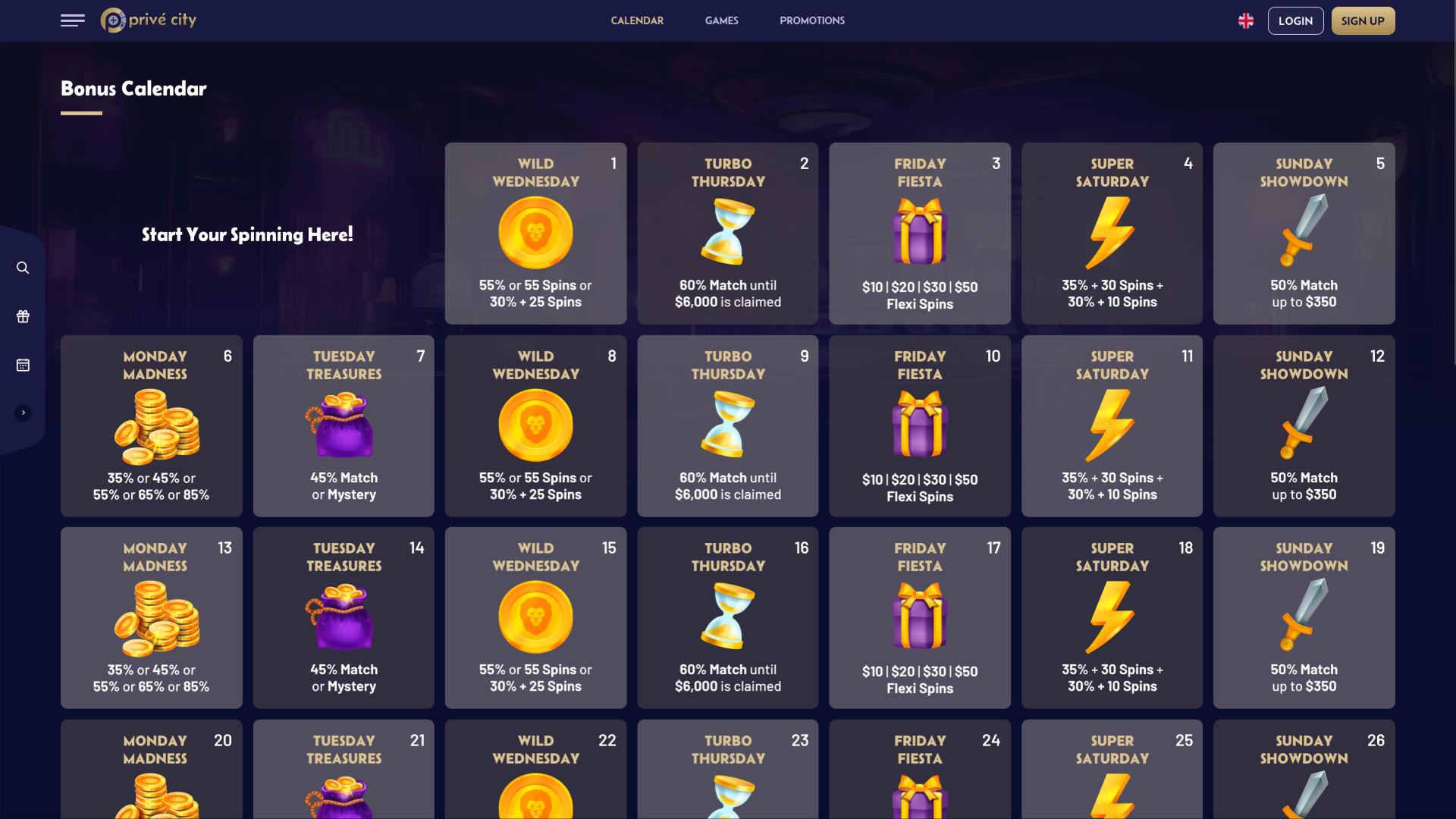 Prive City Casino bonus calendar page