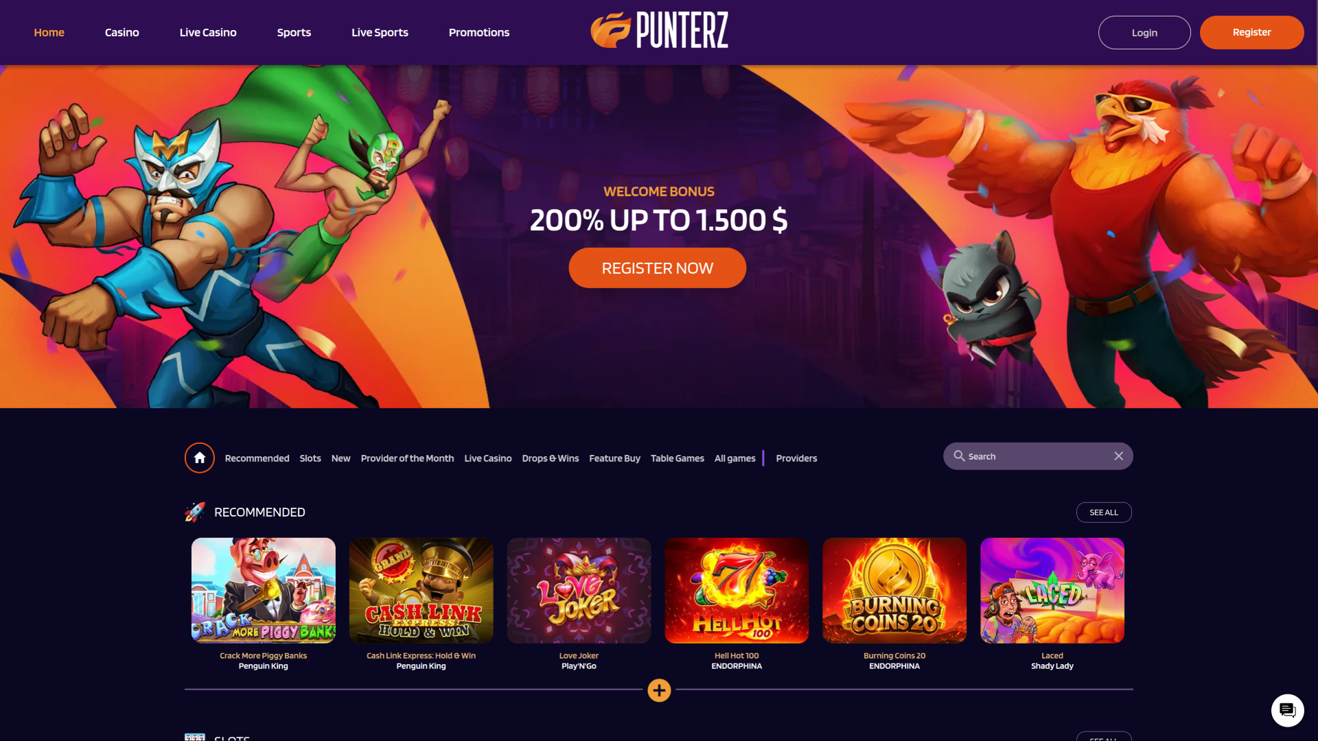 Punterz Casino Desktop Homepage