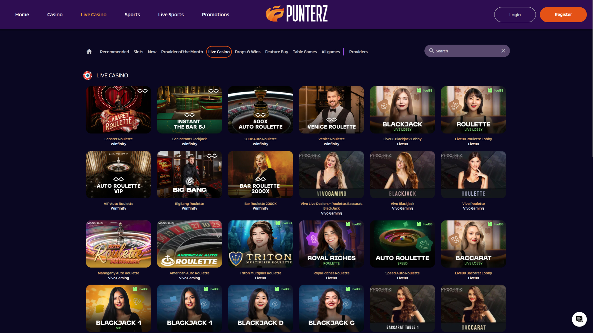 Punterz Casino Desktop Live Dealer