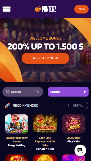 Punterz Casino Mobile Homepage