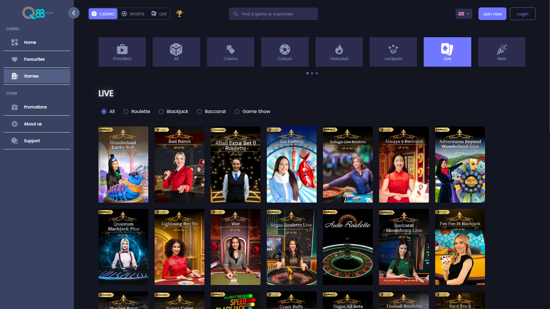 Q88bets Desktop Live Dealer