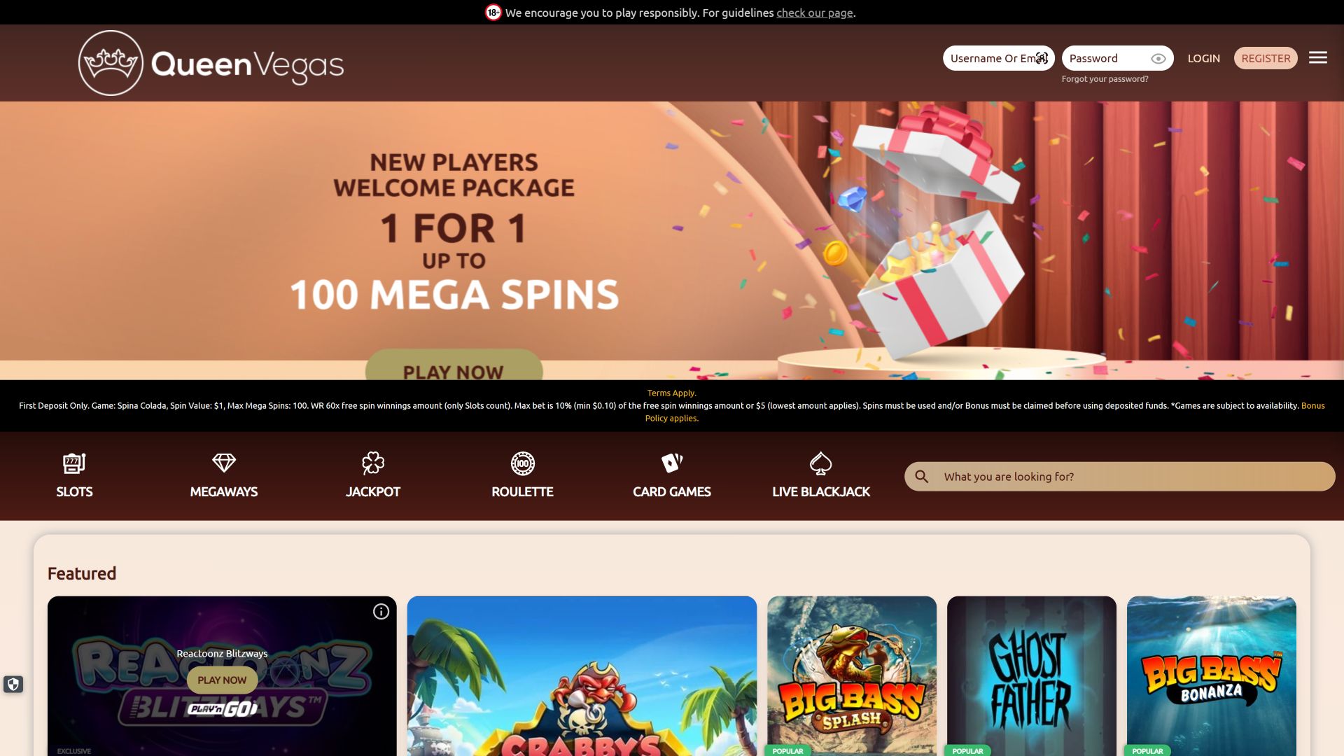 Queen Vegas Casino Desktop Homepage