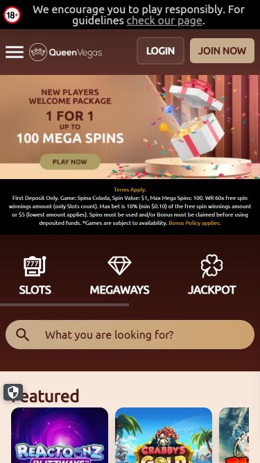 Queen Vegas Casino Mobile Homepage