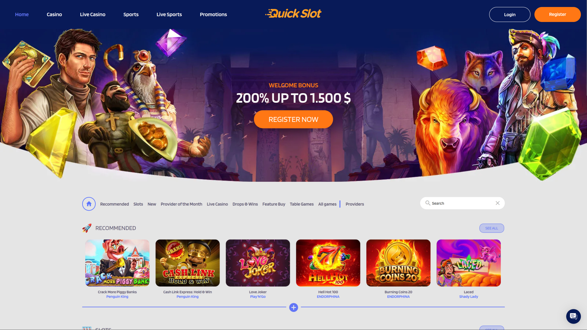 QuickSlot Casino Desktop Homepage