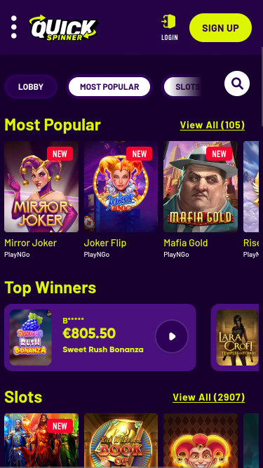 Quickspinner Casino Mobile Homepage