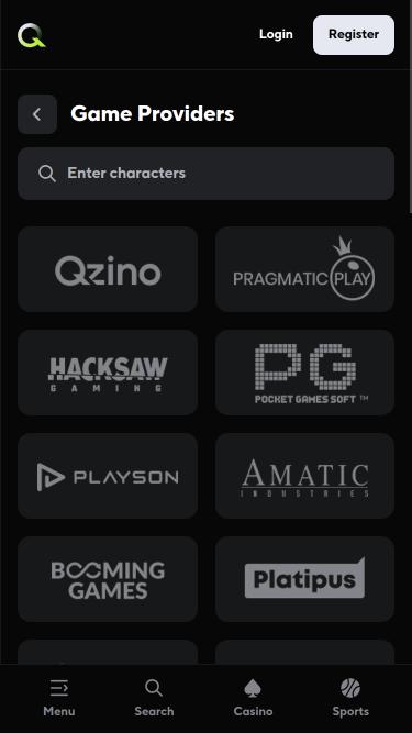 Qzino Casino game developers mobile page