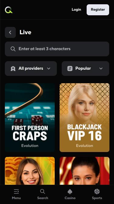 Qzino Casino live dealer mobile page