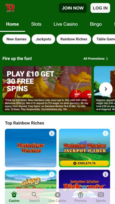 Rainbow Riches Casino Mobile Homepage