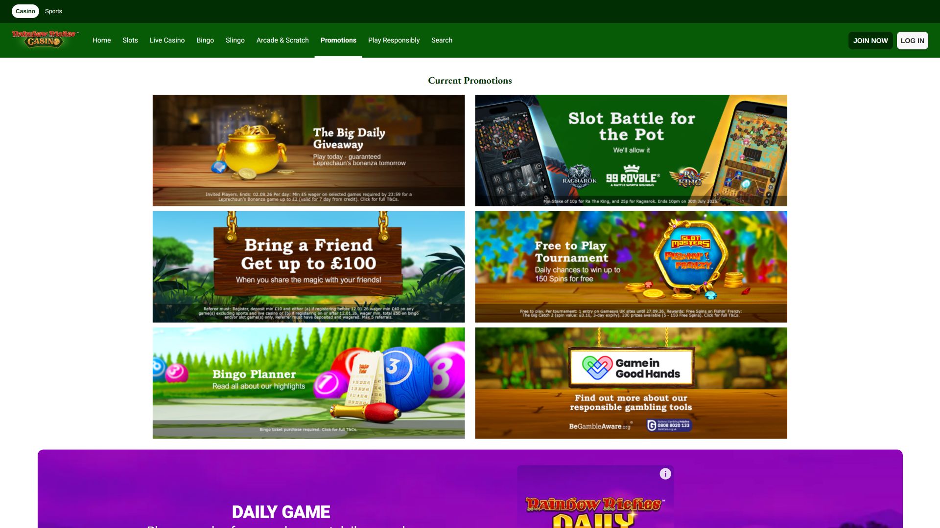 Rainbow Riches Casino Desktop Promotions