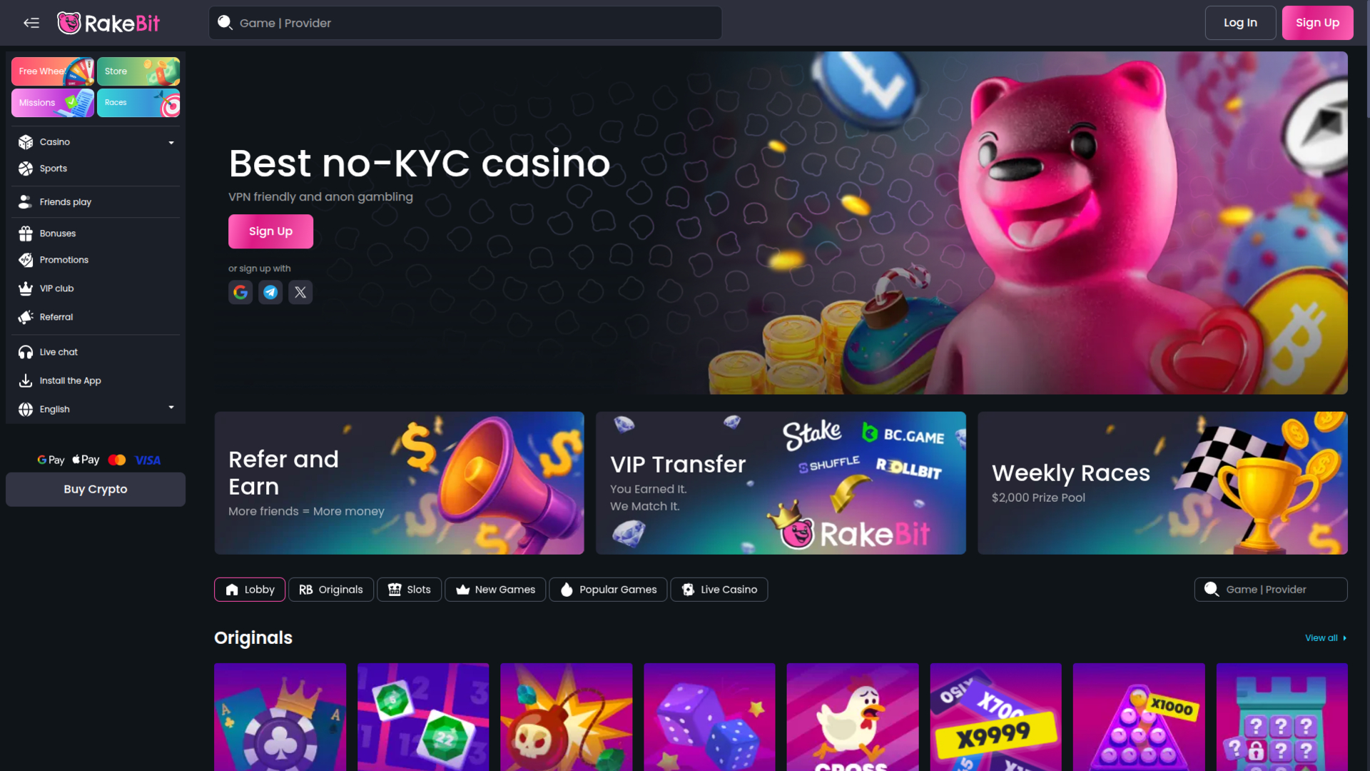 RakeBit Casino Desktop Homepage