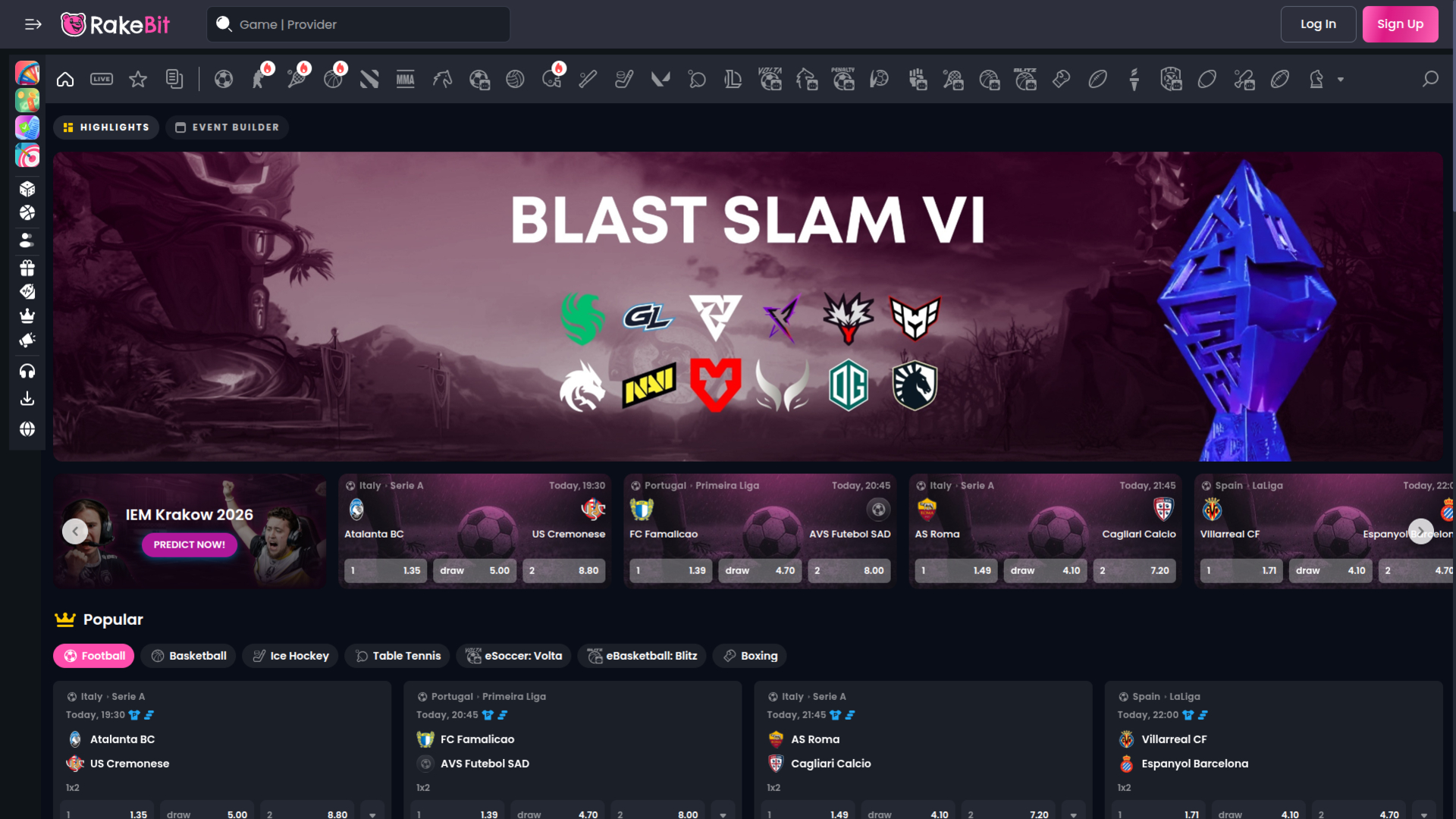 RakeBit Casino Desktop Sports