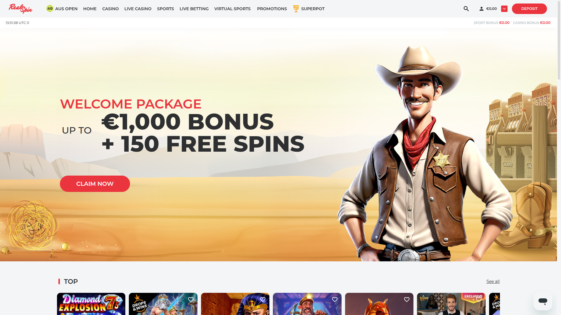 RealSpin Casino Desktop Homepage