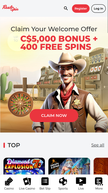 RealSpin Casino Mobile Homepage