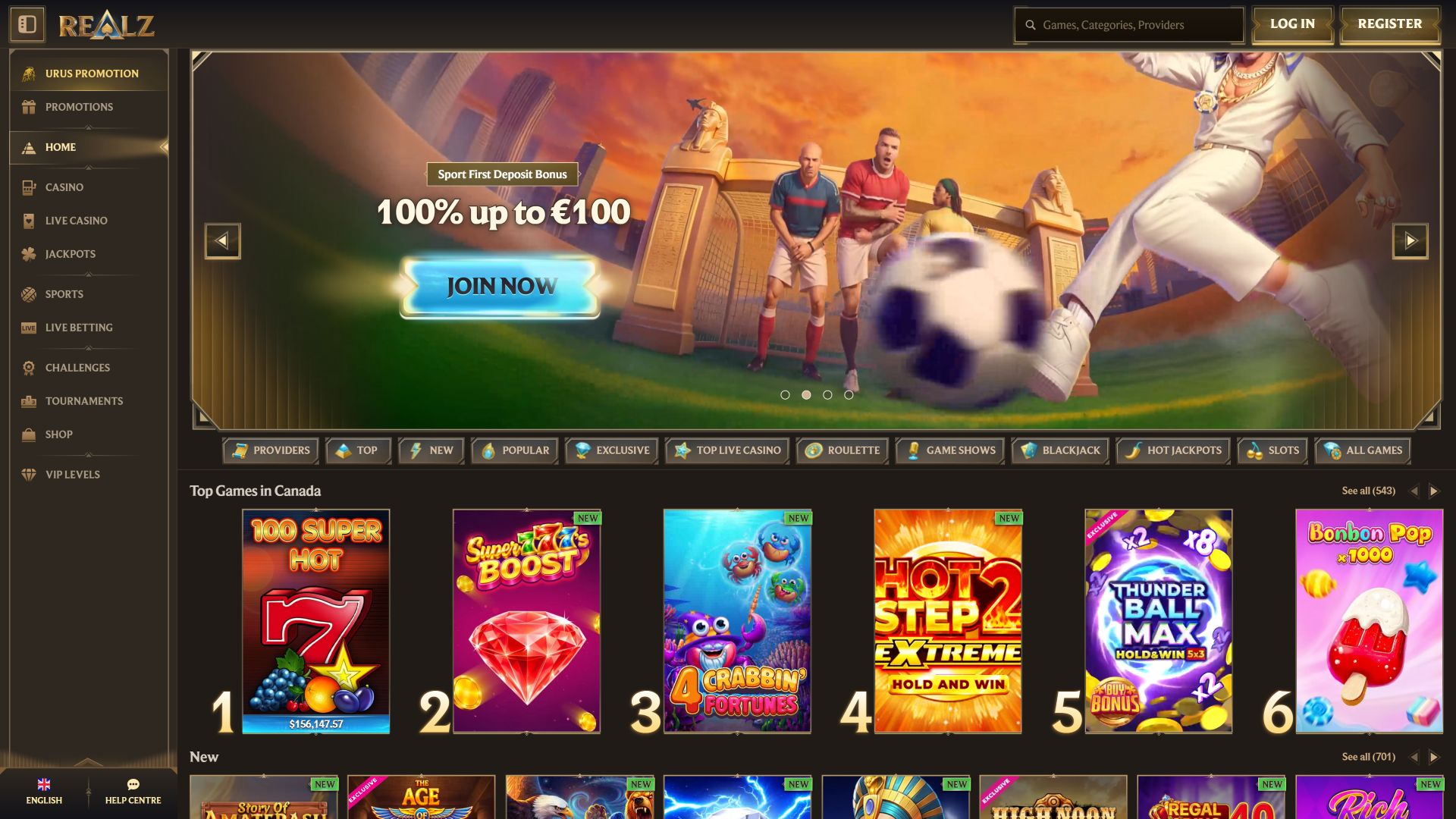 Realz Casino Desktop Homepage