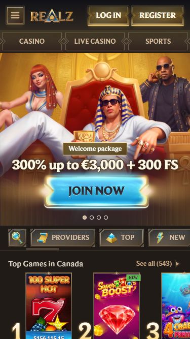 Realz Casino Mobile Homepage