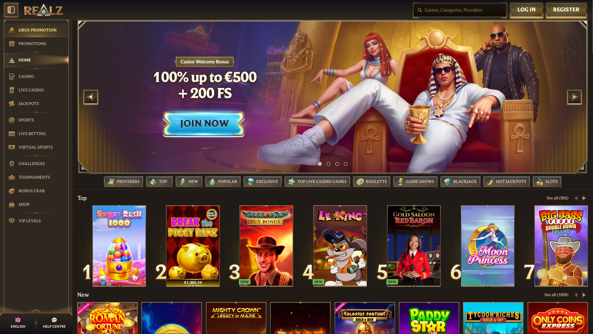 Realz Casino Homepage