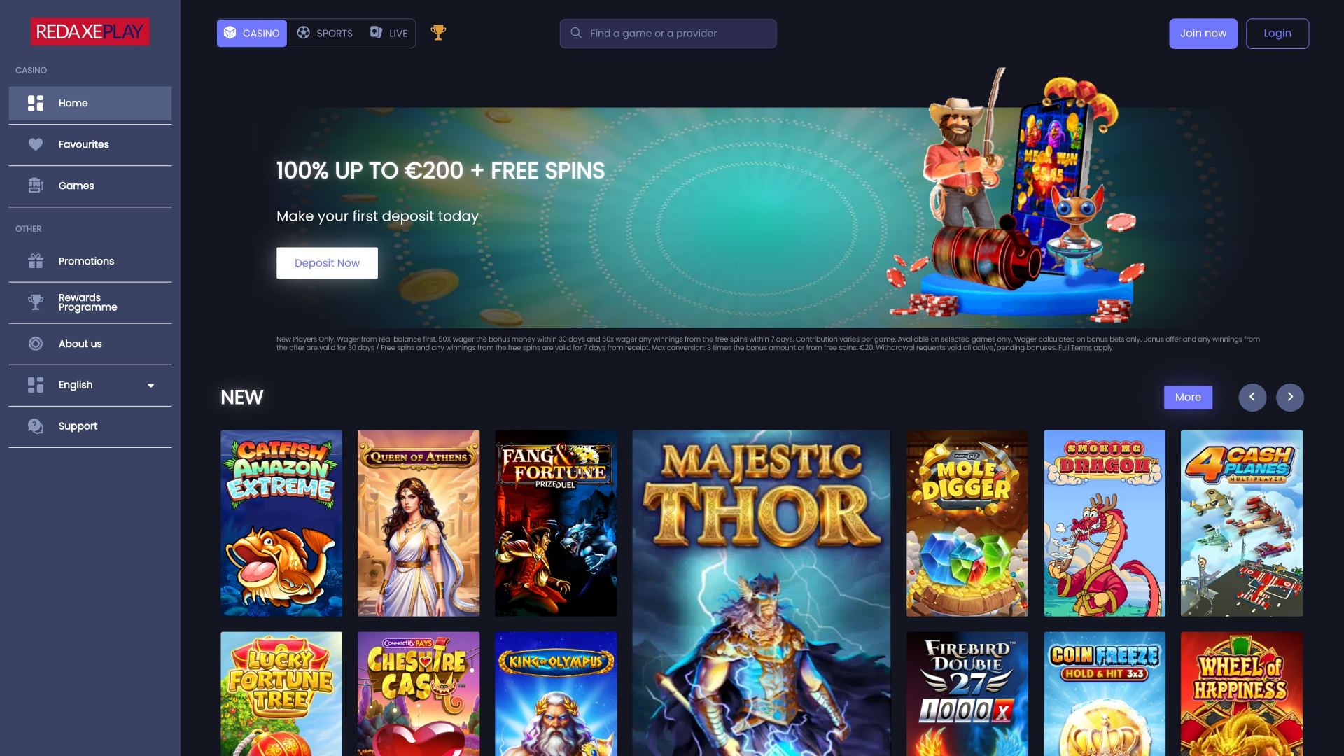 RedAxePlay Casino Desktop Homepage