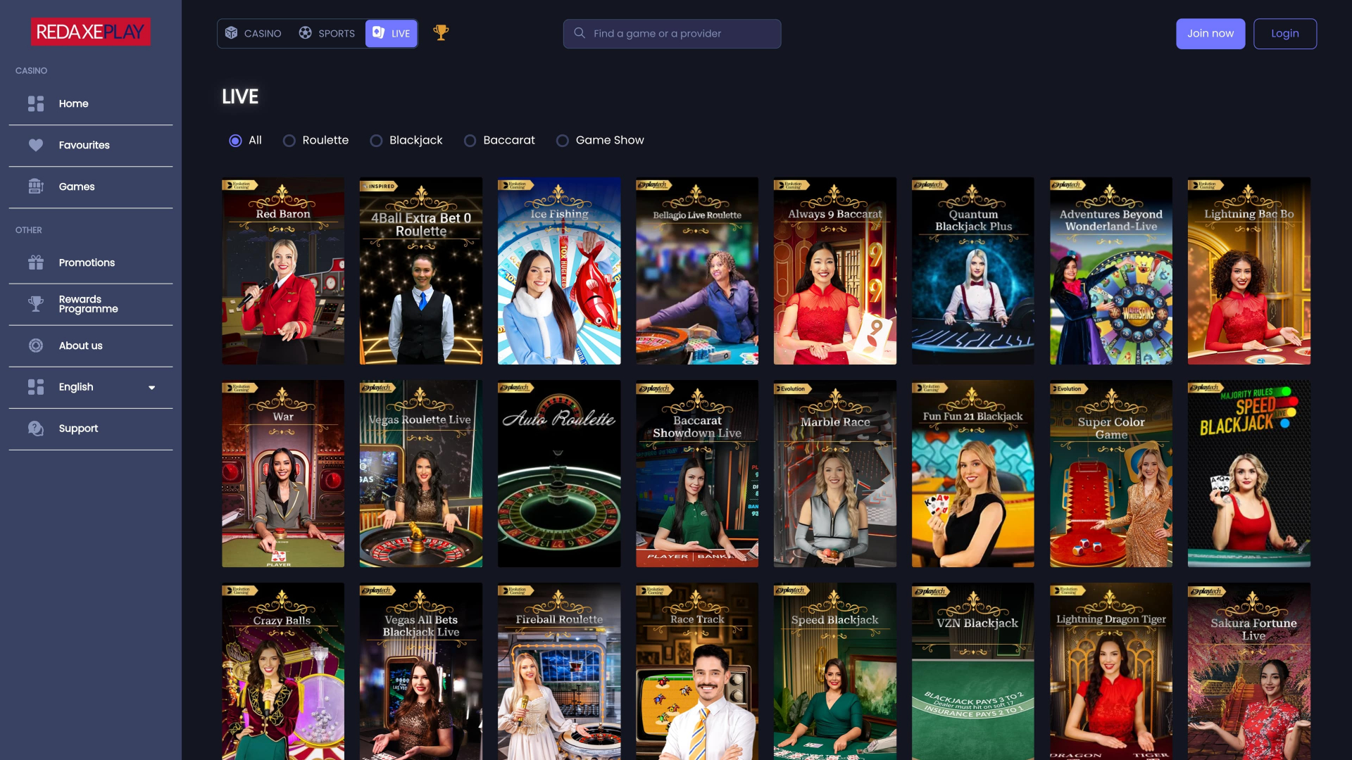 RedAxePlay Casino Desktop Live Dealer