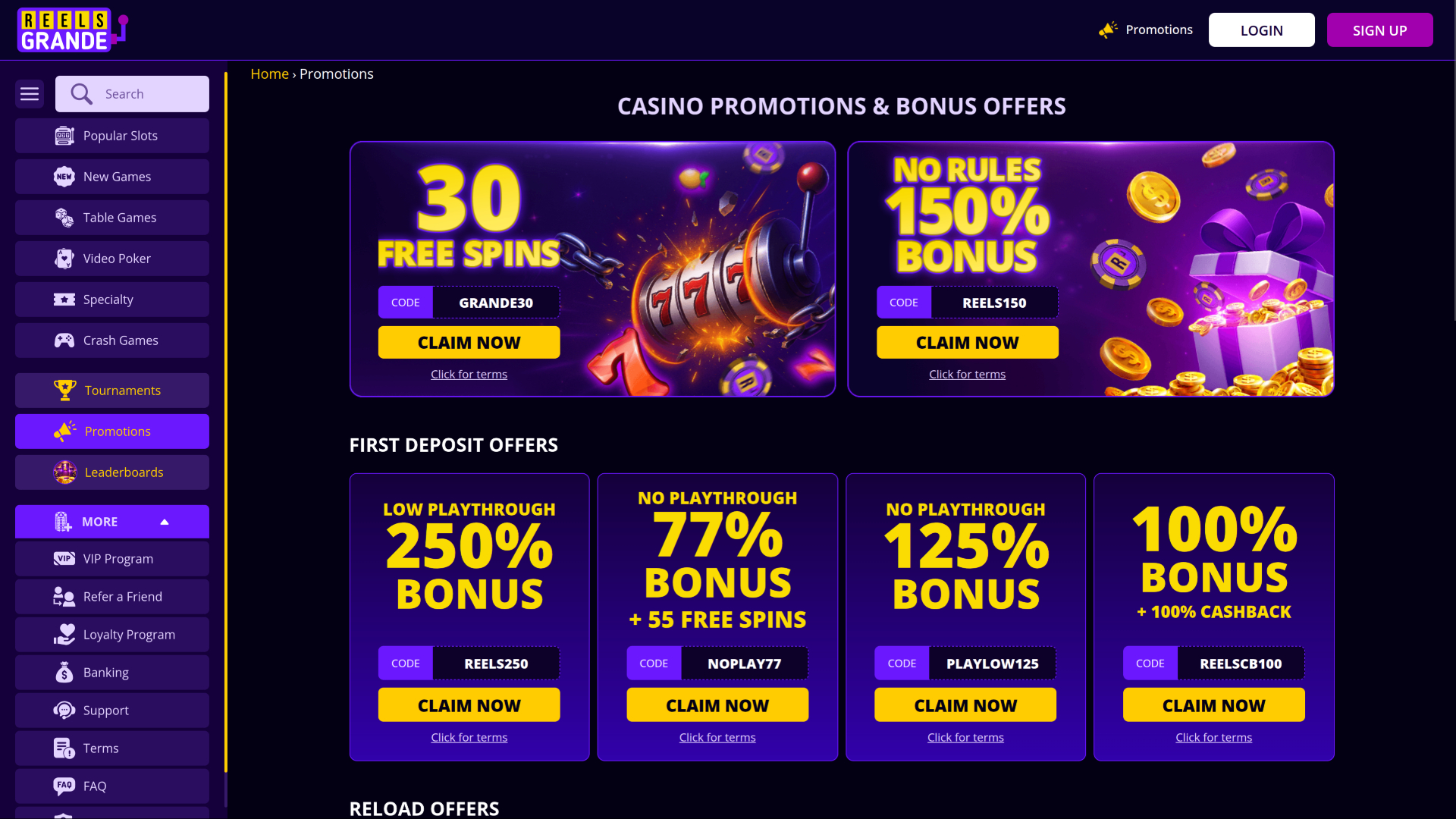 Reels Grande Casino Desktop Promotions 