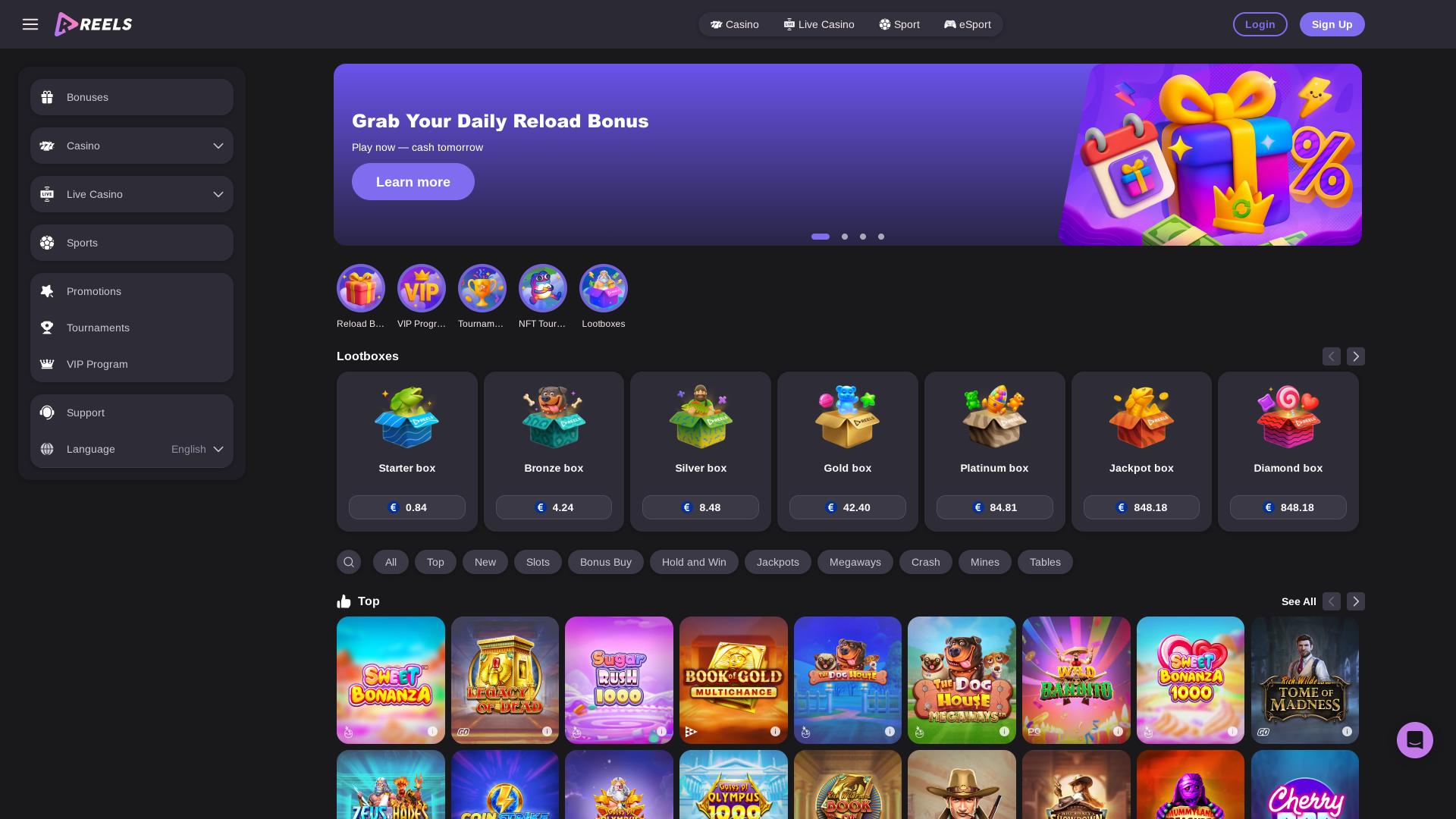 Reels.io Casino Homepage Desktop