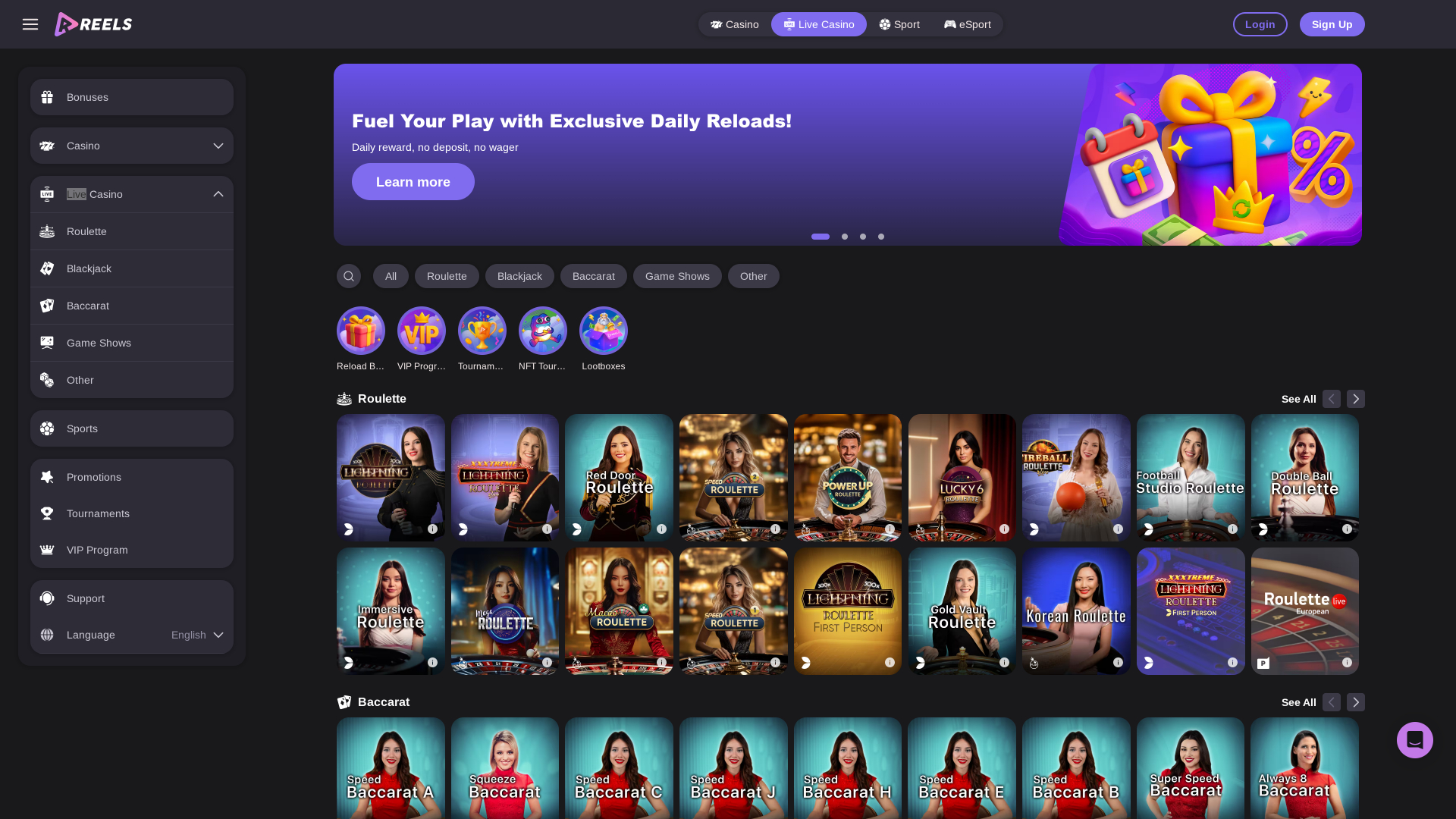 Reels.io Casino Live Dealer Desktop