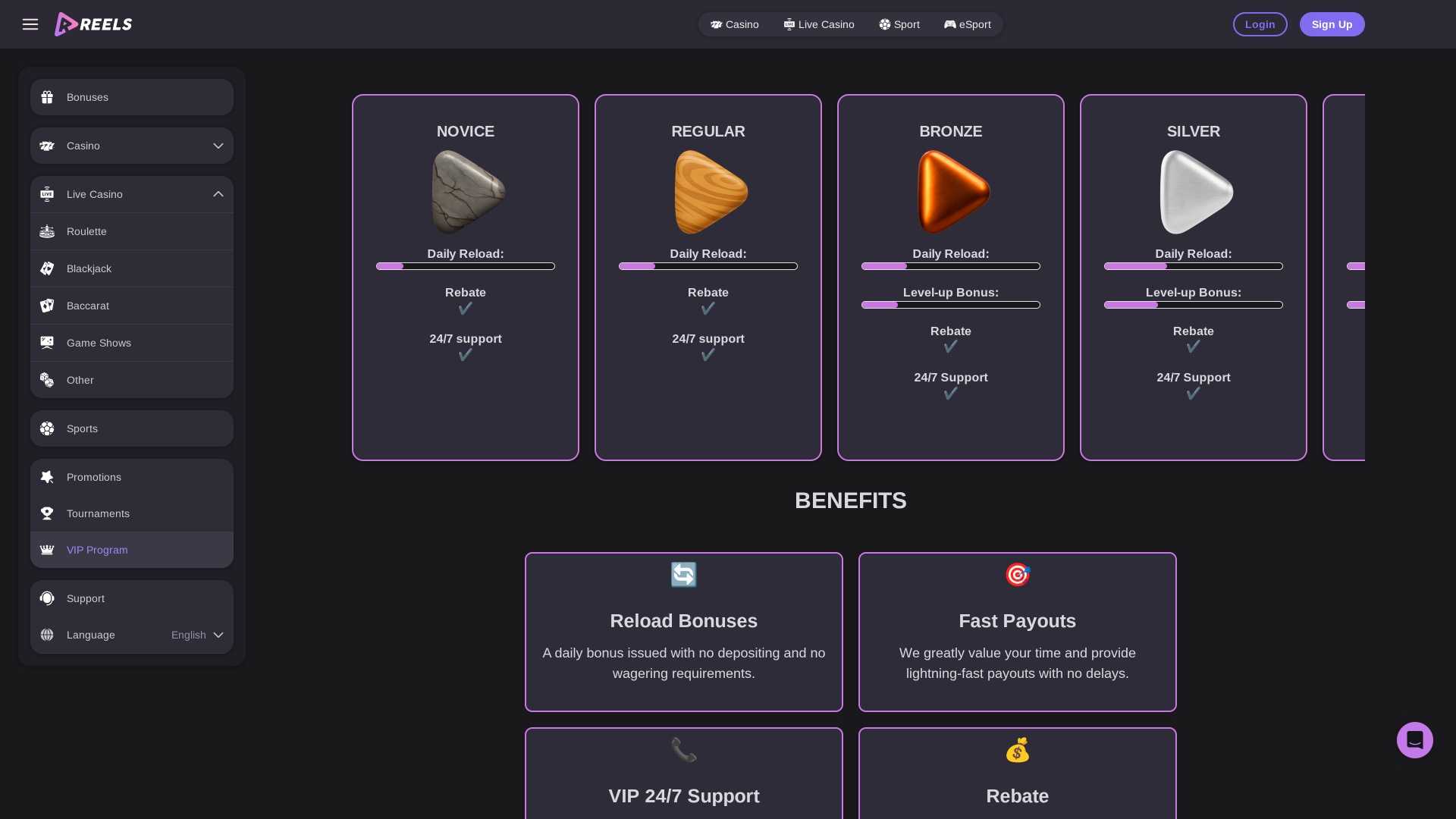 Reels.io Casino VIP Desktop