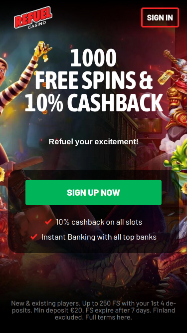 Refuel Casino Mobile Homepage