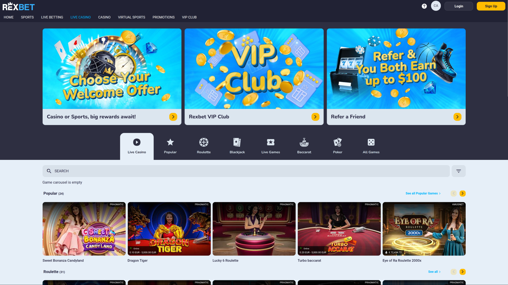 Rexbet Casino Desktop Live Dealer