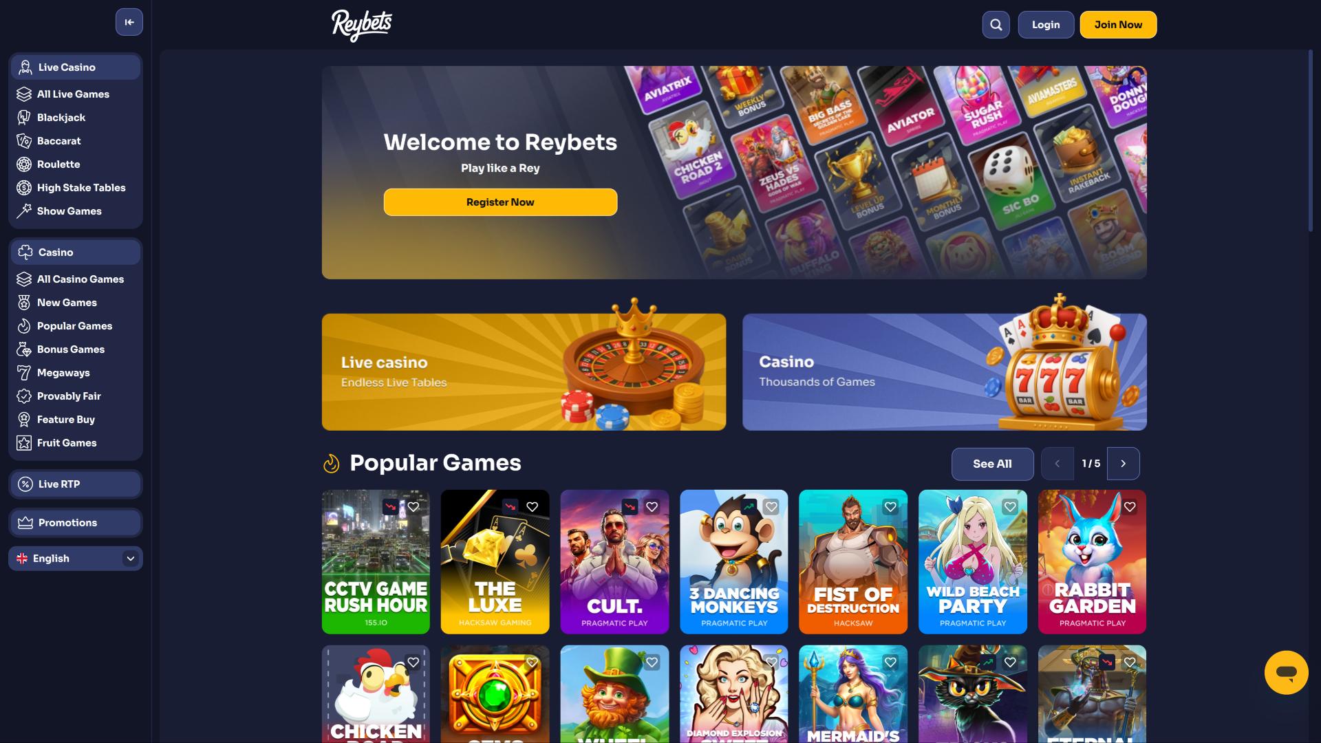 ReyBets Casino homepage