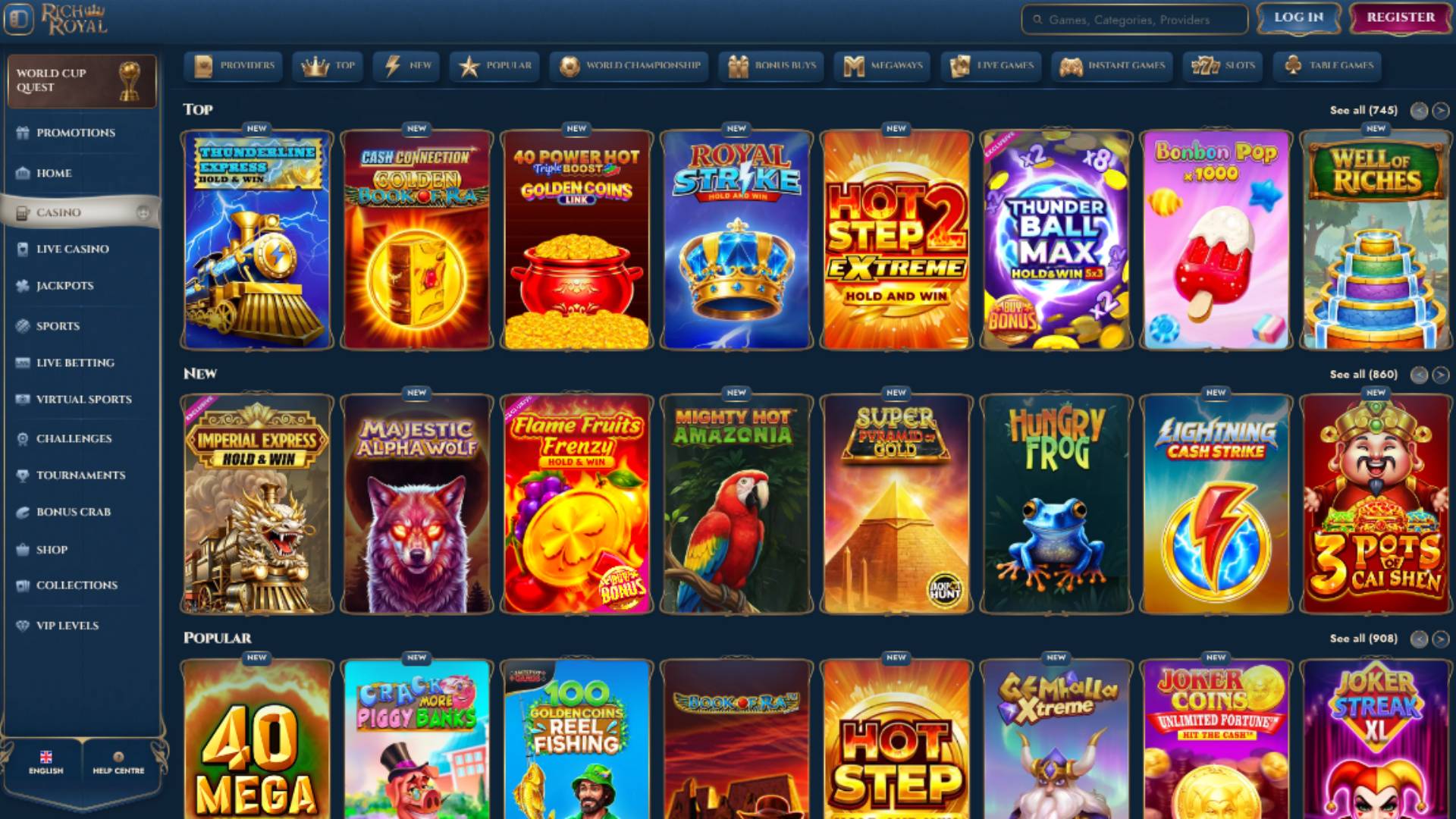 Games page screenshot of Rich Royal Casino