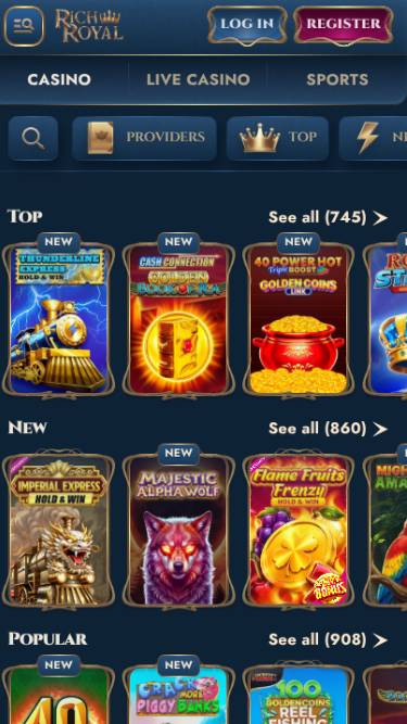 Games mobile page screenshot of Rich Royal Casino