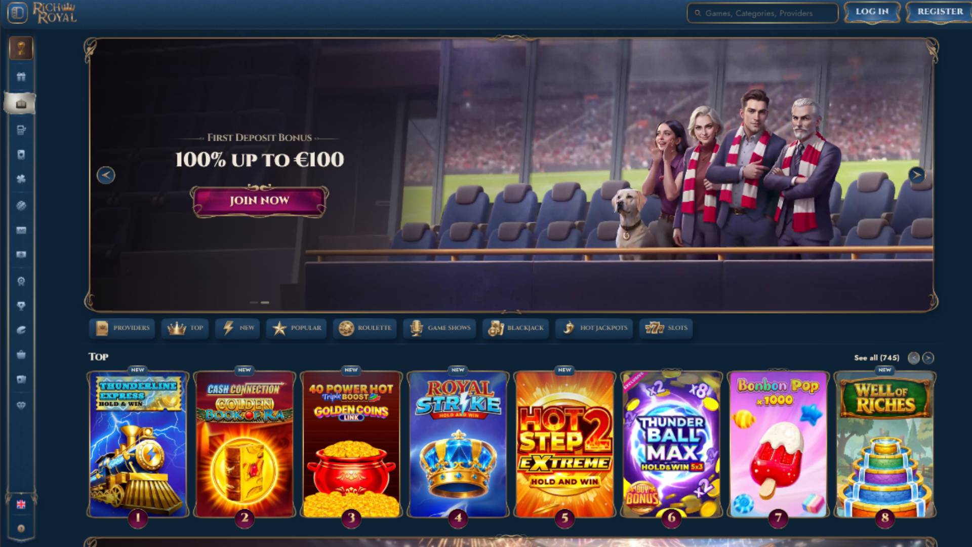 Homepage screenshot of Rich Royal Casino