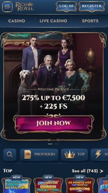 Homepage mobile screenshot of Rich Royal Casino