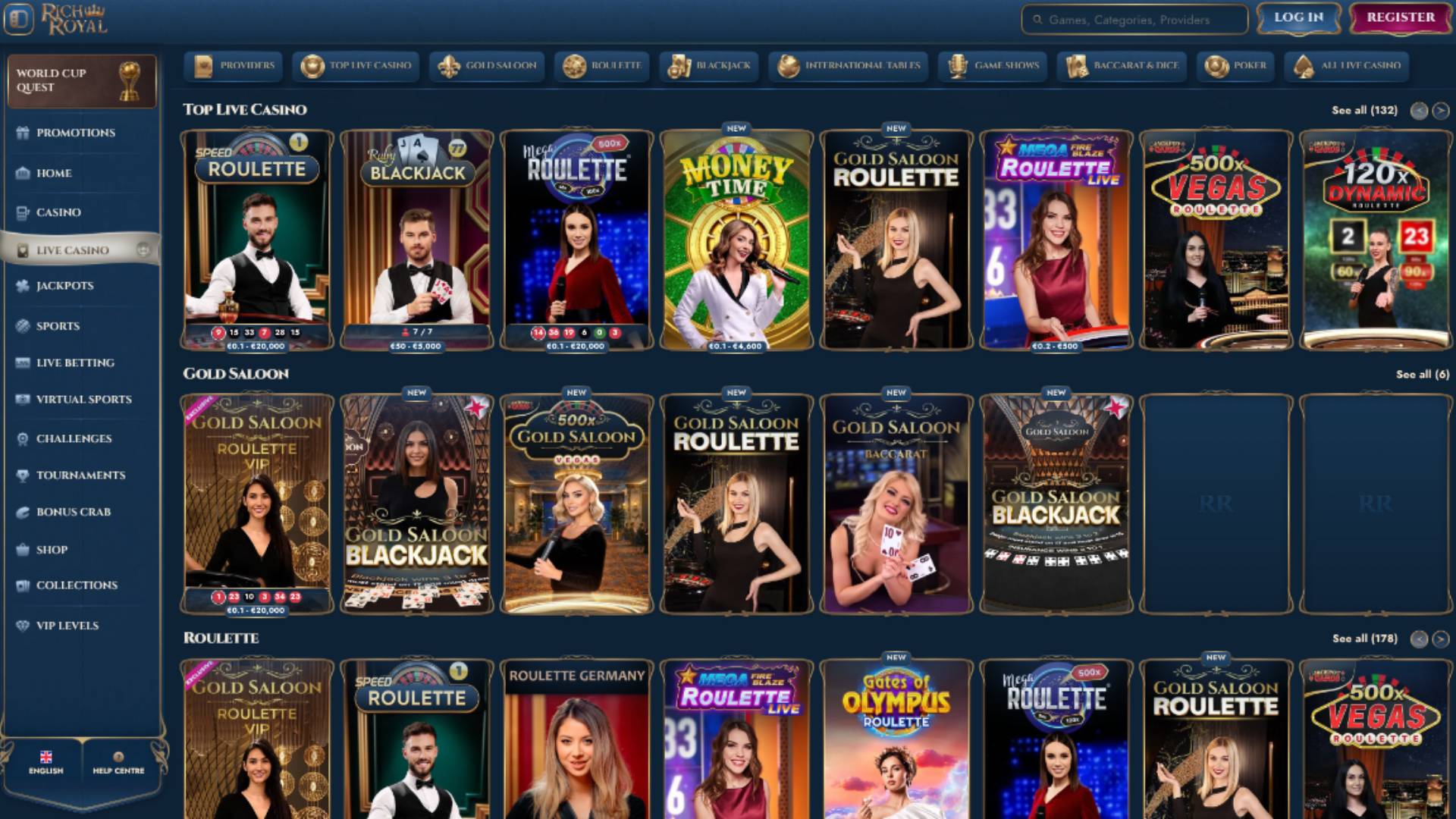 Live page screenshot of Rich Royal Casino