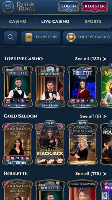 Live mobile page screenshot of Rich Royal Casino