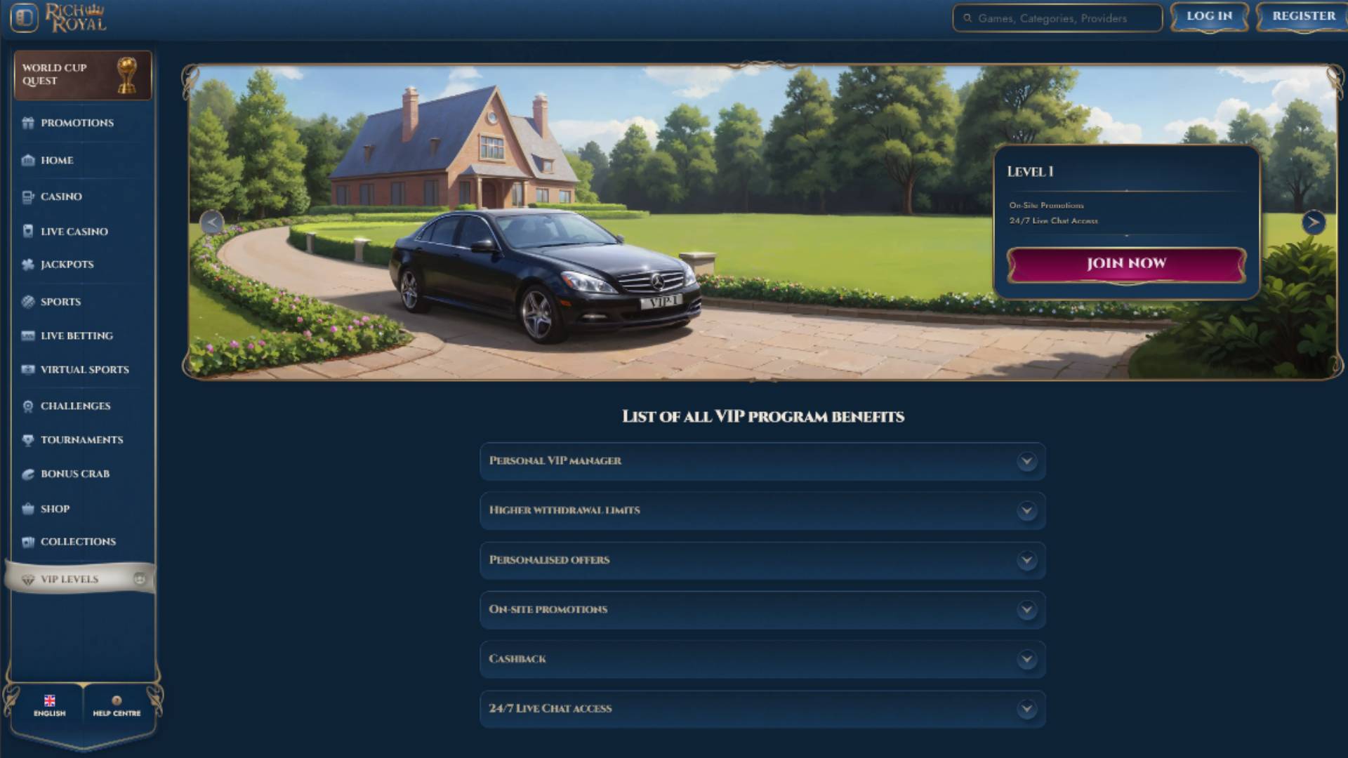 VIP page screenshot of Rich Royal Casino