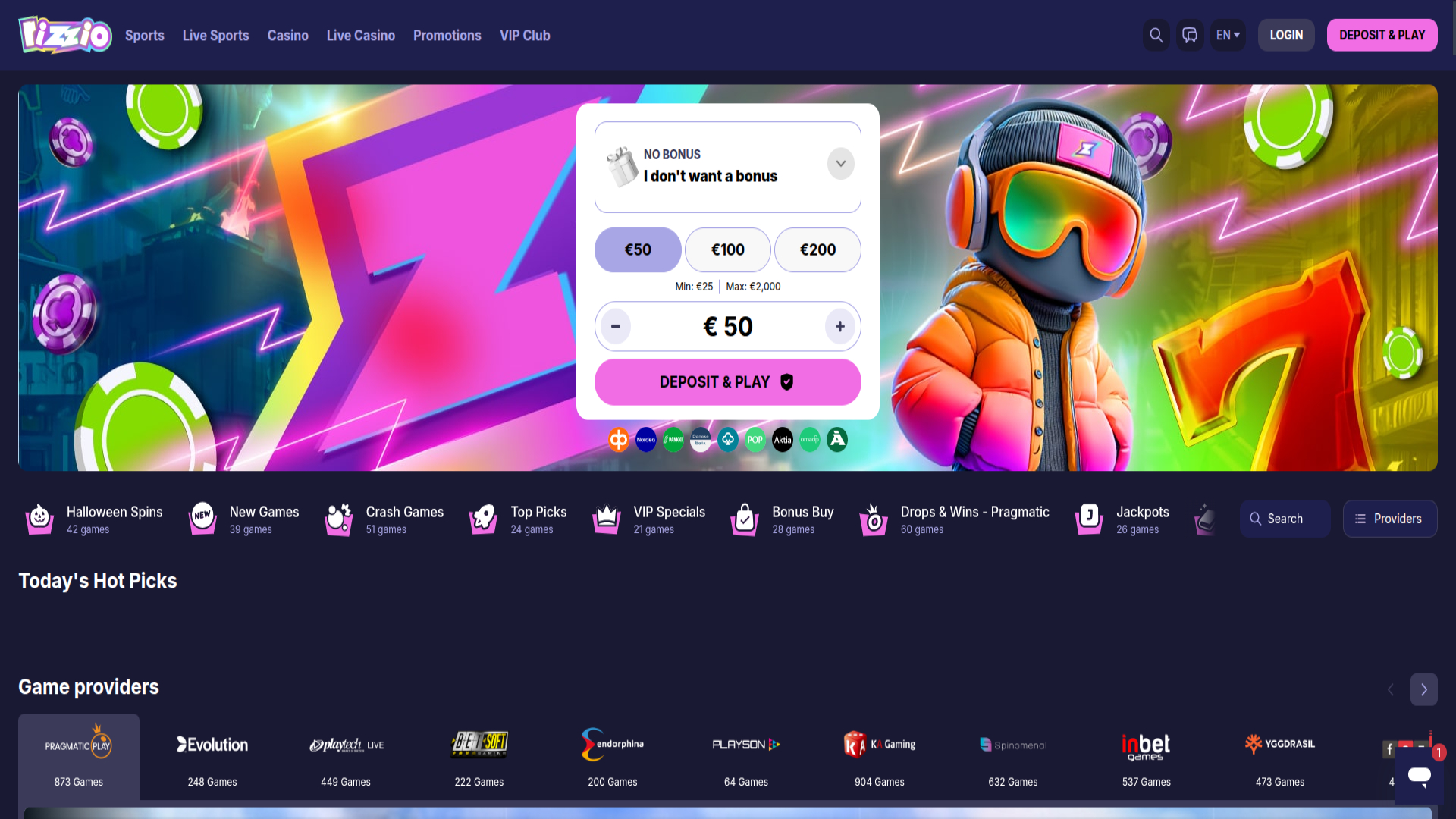 Homepage screenshot of Rizzio.io Casino for Desktop