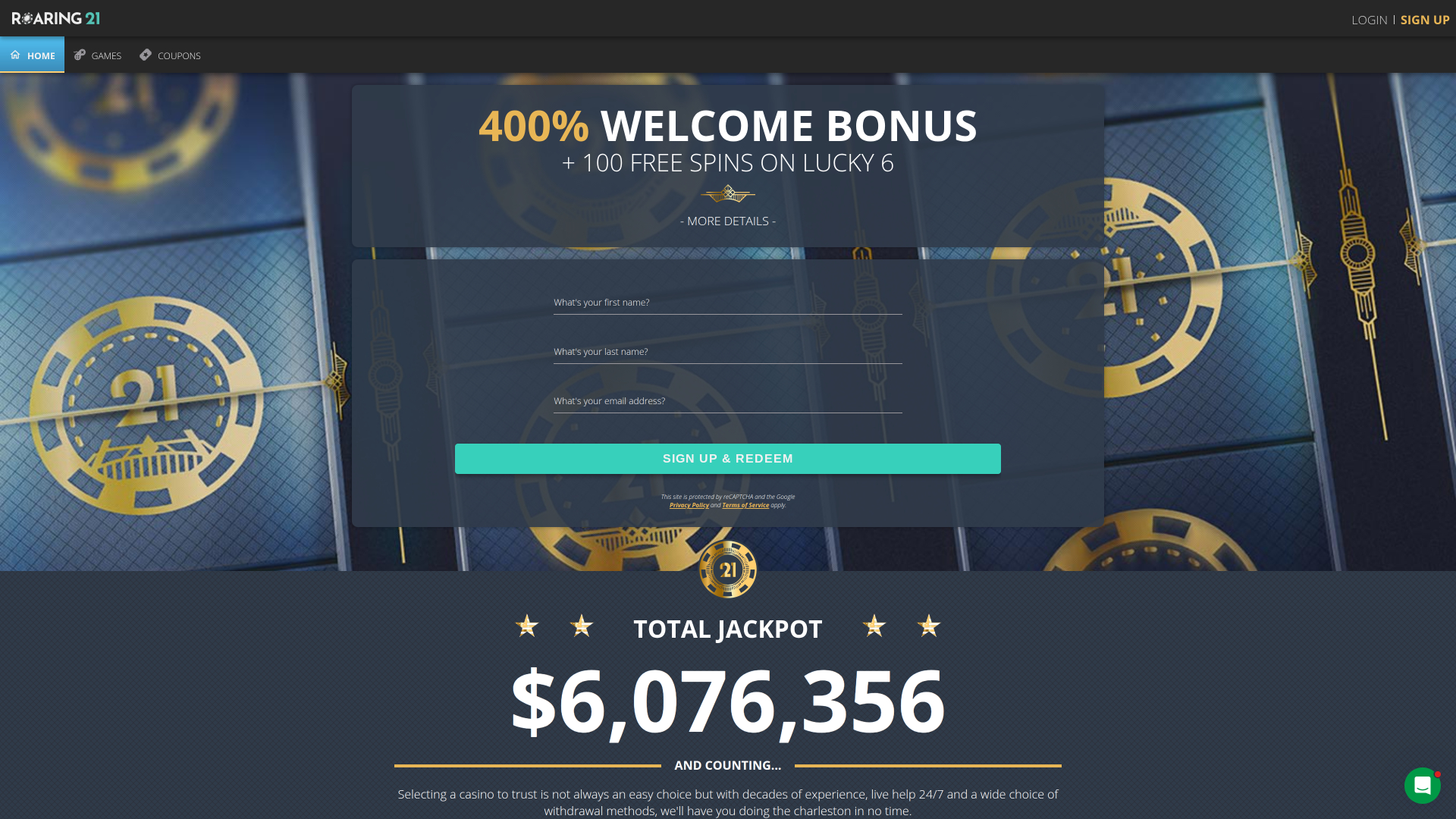 Roaring 21 Casino Desktop Homepage