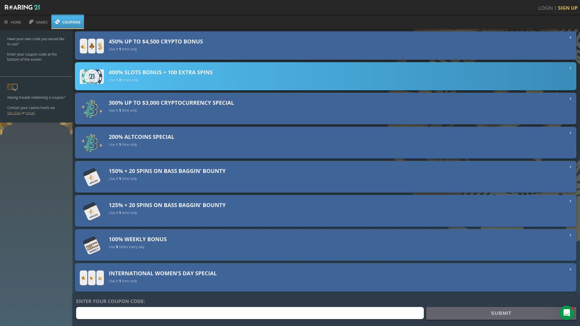 Roaring 21 Casino Desktop Promotions